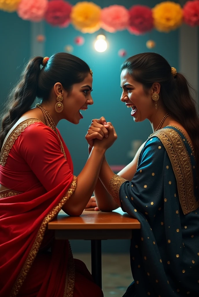 Two angry women arm wrestling saree