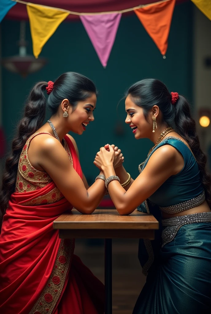 Two angry women arm wrestling saree