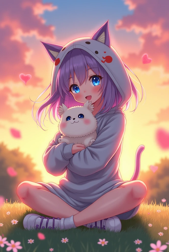 anime girl with a cat and a hodie