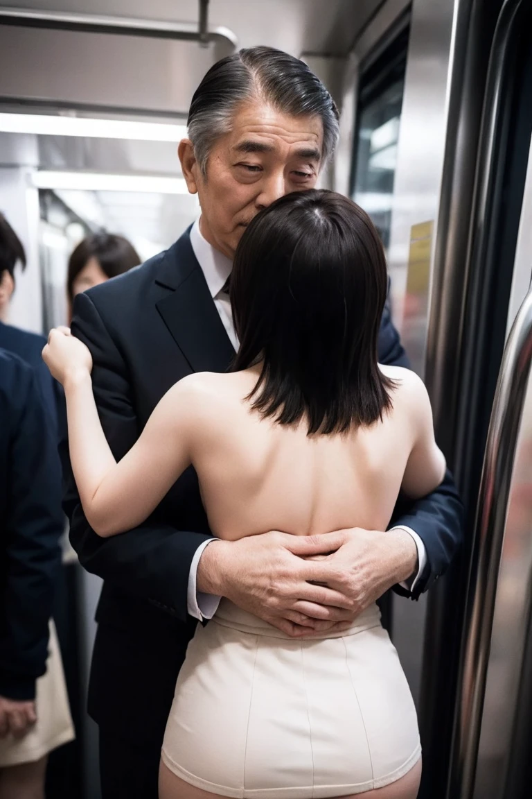 nude.naked.Browsing Caution, Crowded train, Japan , Handsome man hugging his girlfriend from behind, Talk in her ear, Lift her up, Twist up your miniskirt, 40k, photograph, masterpiece, Highest quality, Dark Gray Background, ((Japan girls' high school )), An older man is leaning on her from behind、i held you up, Mr...々Strike a Pose