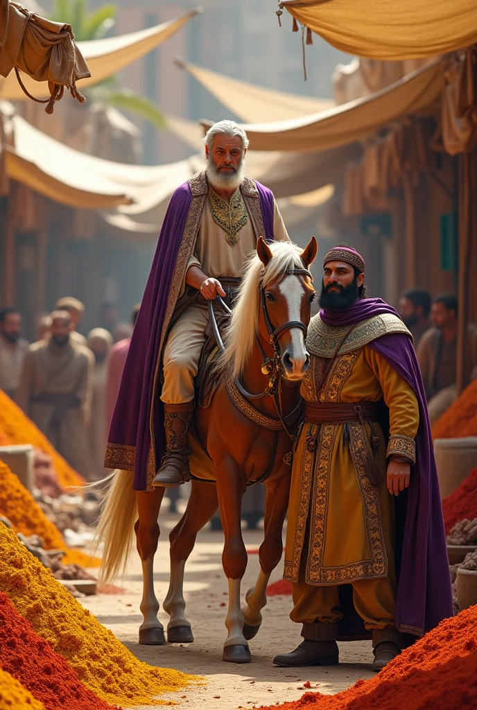 Hebrew man with a well-groomed white beard and a beige tunic with a purple cape with gold details. Make him riding a horse and another man standing in Persian general&#39;s attire in front of the horse pulling the horse&#39;s reins. Add the Persian market with spices in the background.