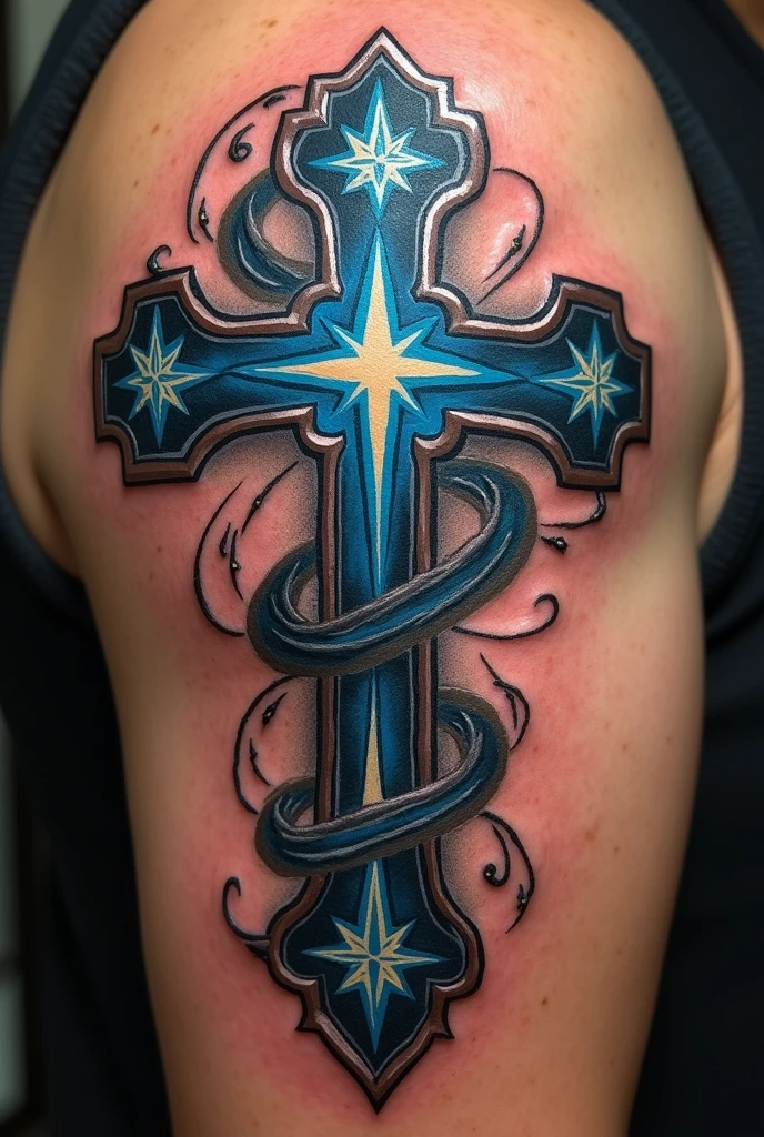 a beautiful cross with three stars above it as a tattoo 
