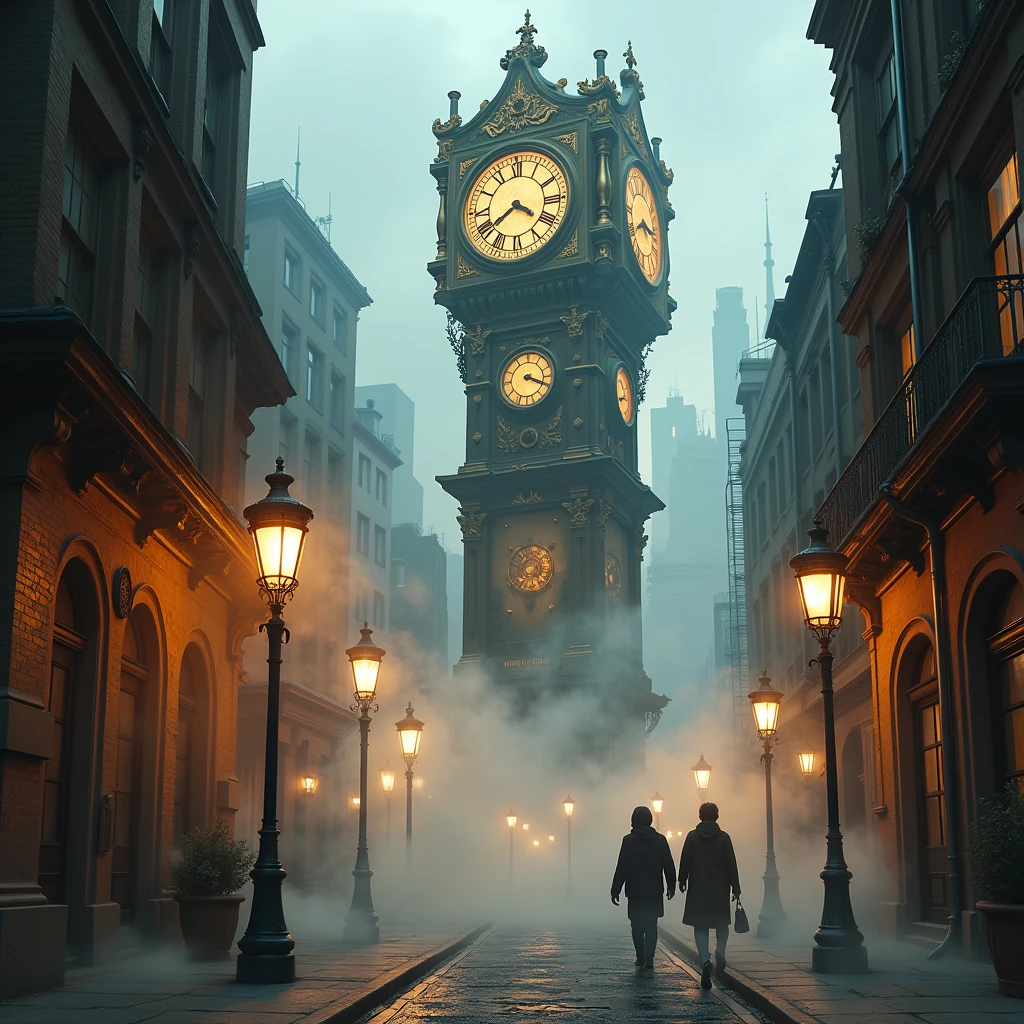 steampunk, cityscape, tall clock tower, retro building, sidewalk, gear, volt, Fog, steam, unique, super high quality, very detailed, Ancient art, retro,