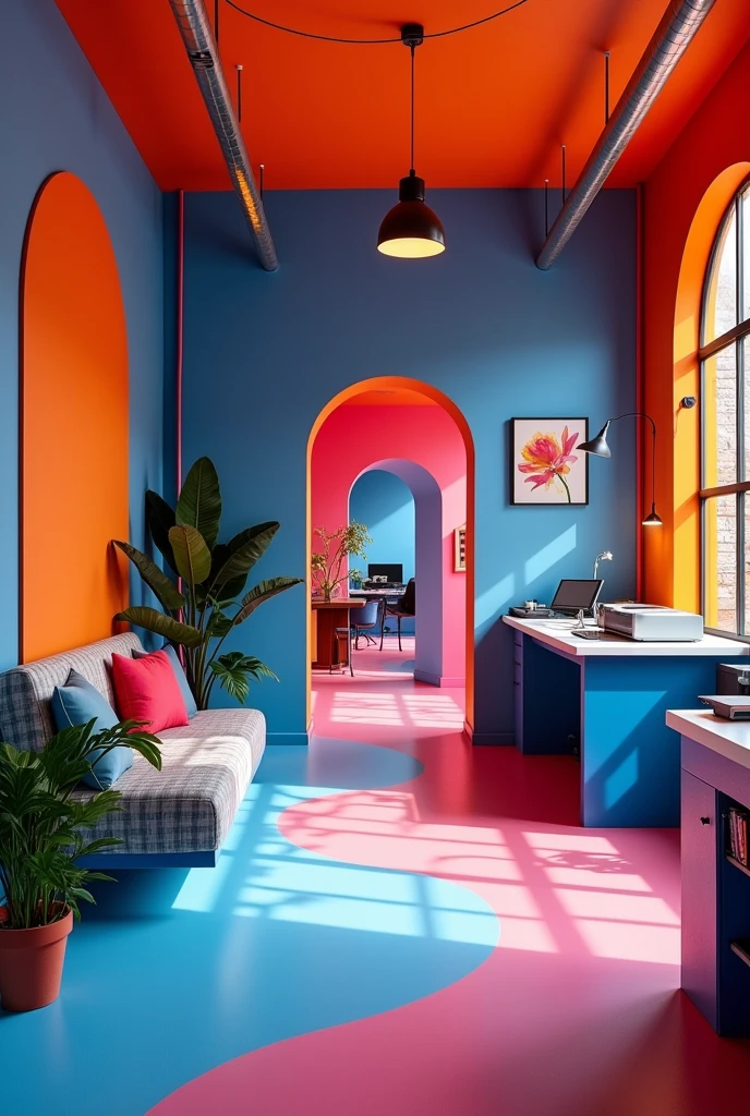 Interior design, Area 18mt depth 6 width 5mt, advertising agency, colors blue orange fuchsia, behind workshop tools cutting table and many printers, for the entrance small waiting area and graphic design area