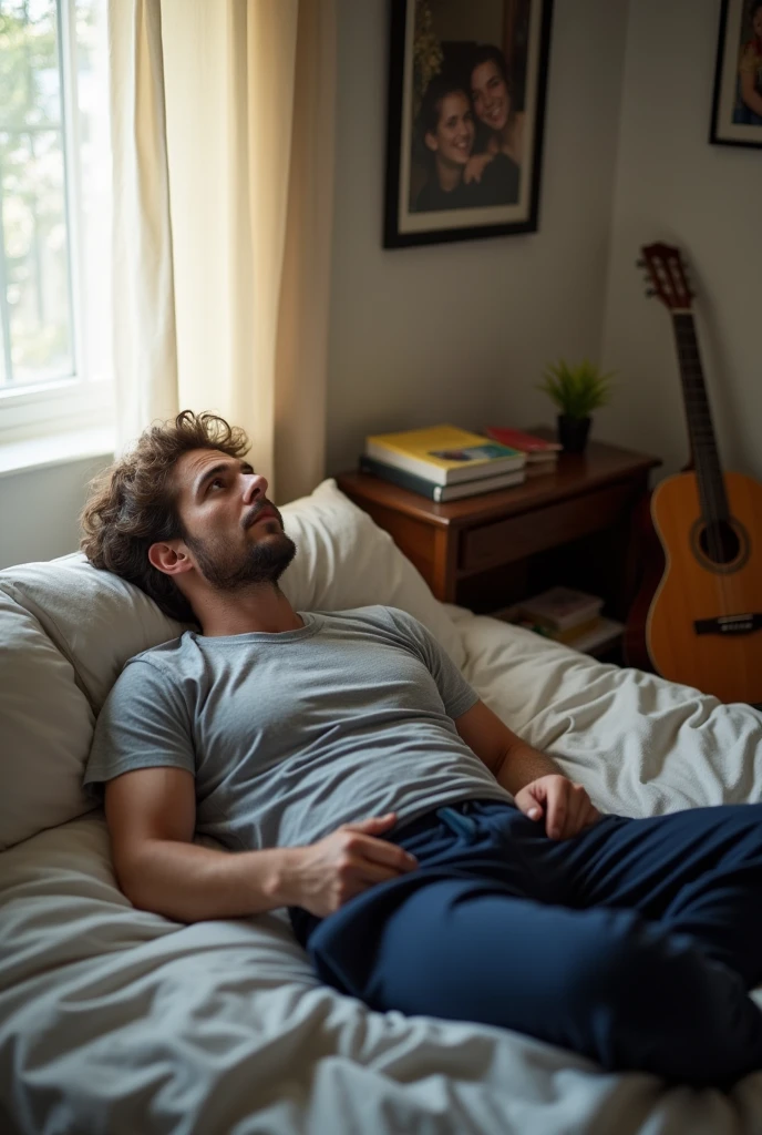 A man in his room lies on his bed 