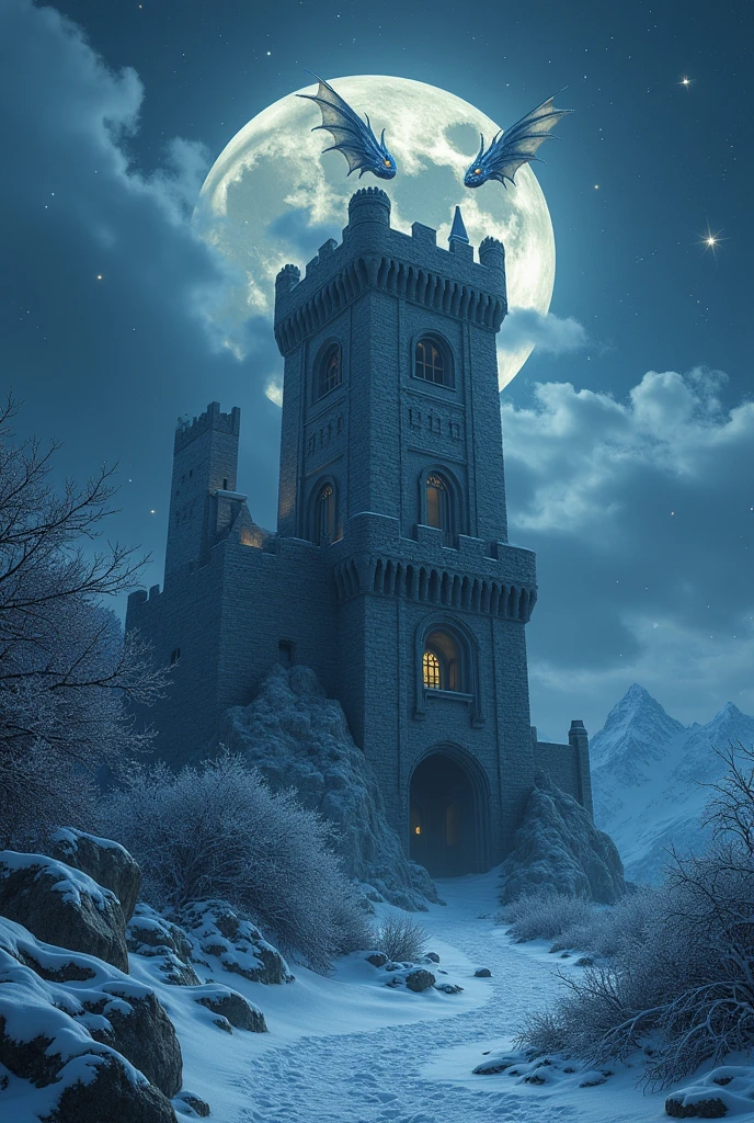 Cinematic scene of a medieval castle tower , snowy but beautiful landscape , night sky with dragon eyes in the background like a fantasy movie poster 