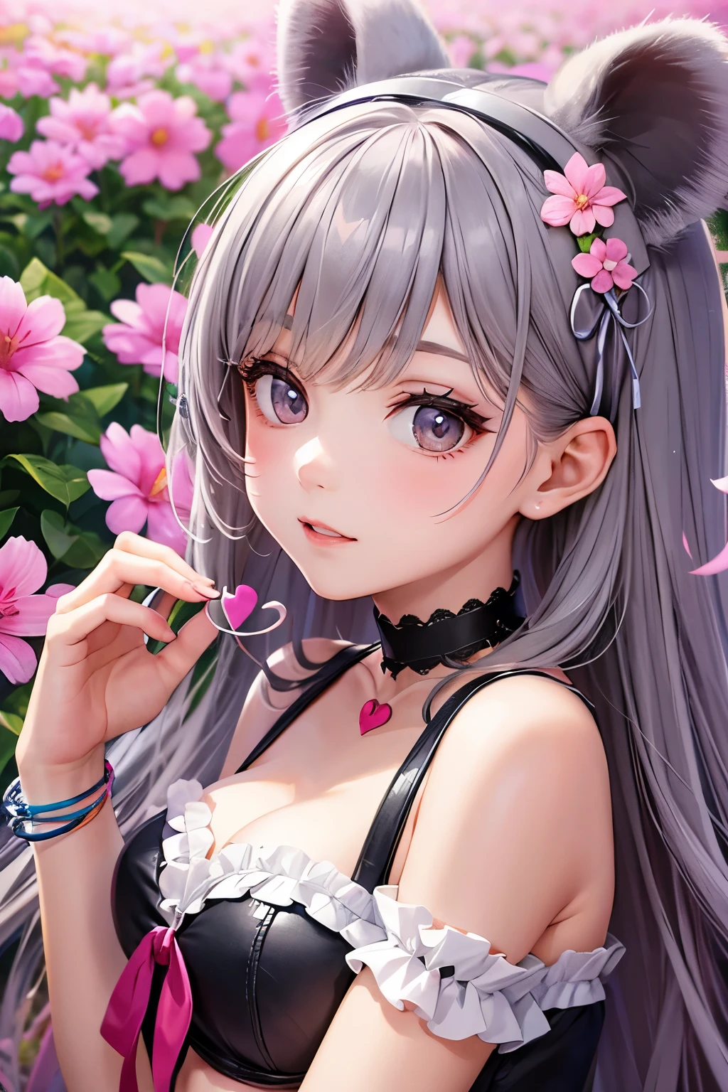 A cute and beautiful girl in a koala costume with a heart-shaped choker, in a beautiful flower field