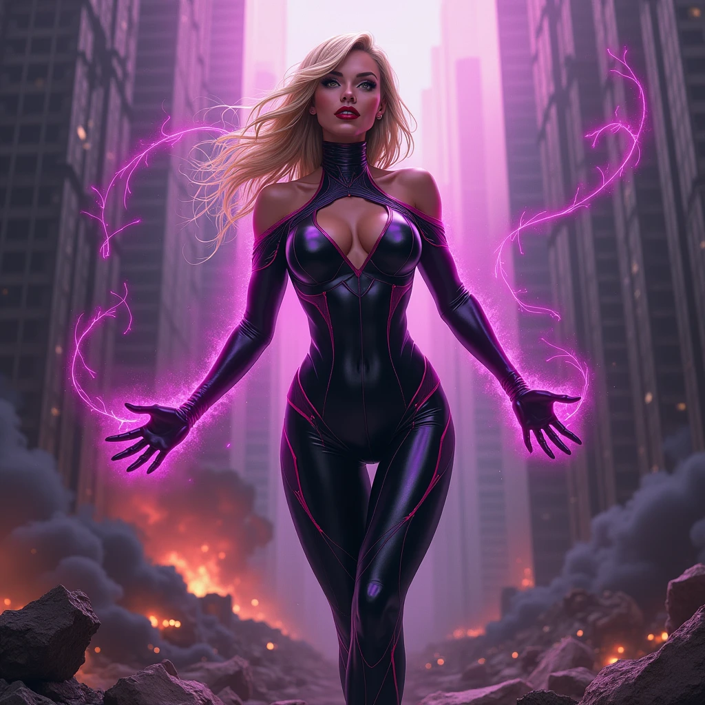 Beautiful and seductive, overflowing with dark power, an evil villainess floats above the recently destroyed husk of a heavily populated city. Dark purple tendrils of energy flow across her lithe fingers. Blonde hair with side swept bangs, glossy red lips curled into a sinister smirk as see views the destruction with glee.  Across her body, a skintight costume made of black with accents of pink reflect the power flowing from her godlike form.  Evil triumphs. 