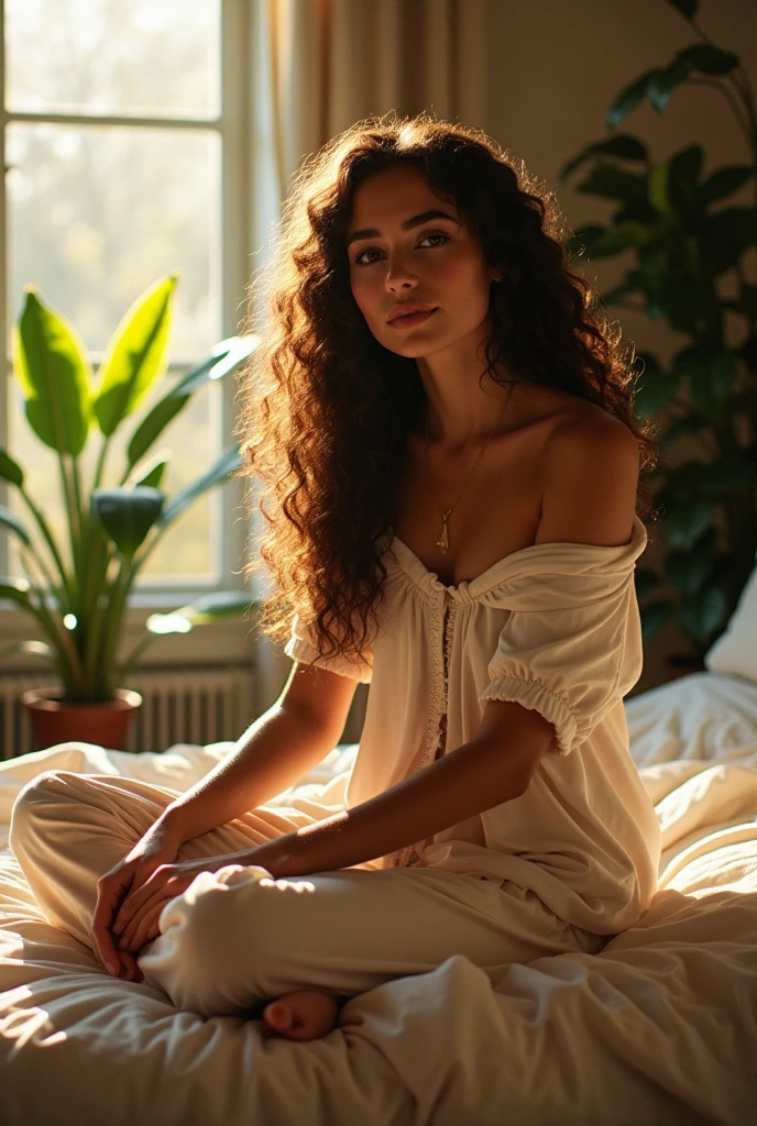 (photorealism:1.2), beautiful woman, sitting on bed, wearing loose off-shoulder top, pajama pants, long curly hair, indoors, soft lighting, plants in background, window with sunlight, cozy room, relaxed pose, realistic, intricate details, warm colors, by Greg Rutkowski, by Alphonse Mucha