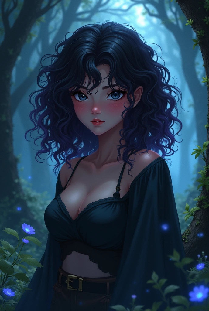 women, young, curly hair, negro, forest, DarkFantasy, anime, black eyes, pink cheeks, anime,