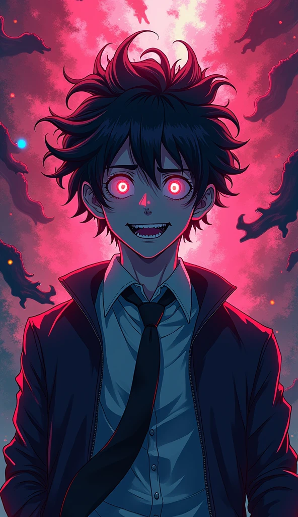 A psycho man, crazy look, full body, 2D anime style, detailed face, detailed, focus on face, HD, 8k quality, glowing character