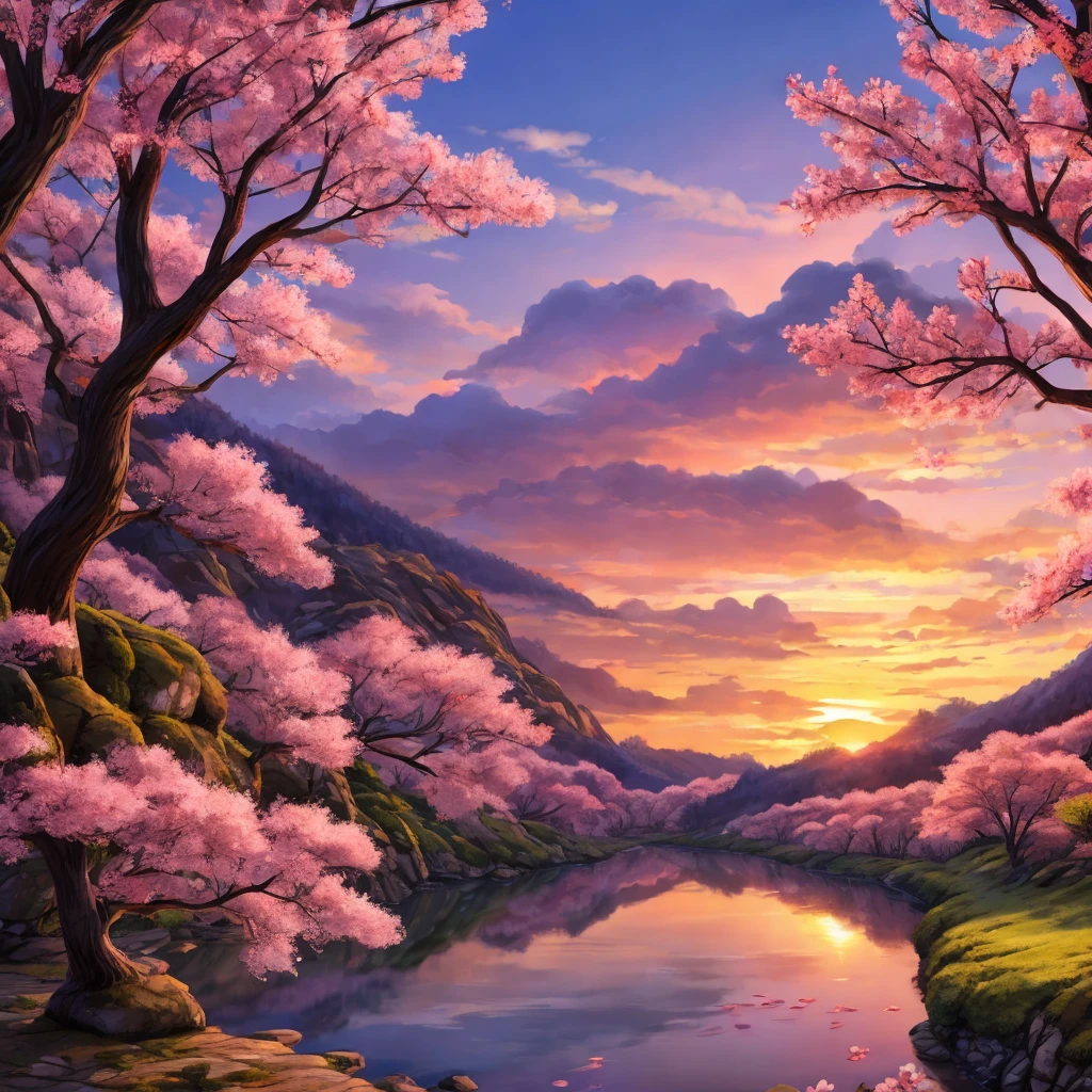 Sunset background with a Sakura tree in a valley