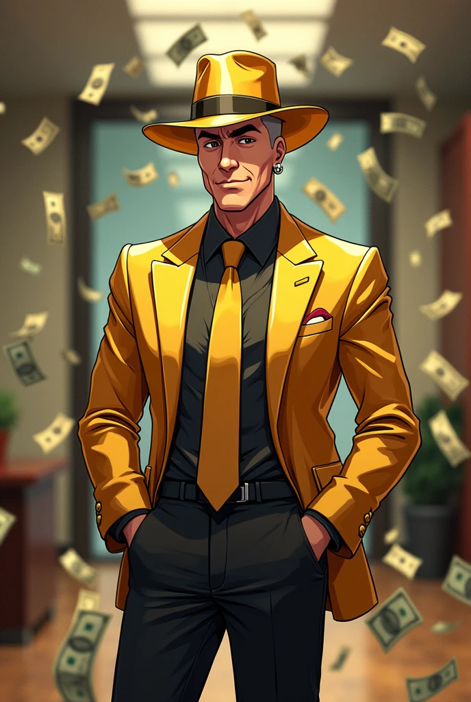A very handsome bald guy with a bored smile and money raining in his office wearing a gold hat,gold suit and black pants, black eyes and 2d anime version