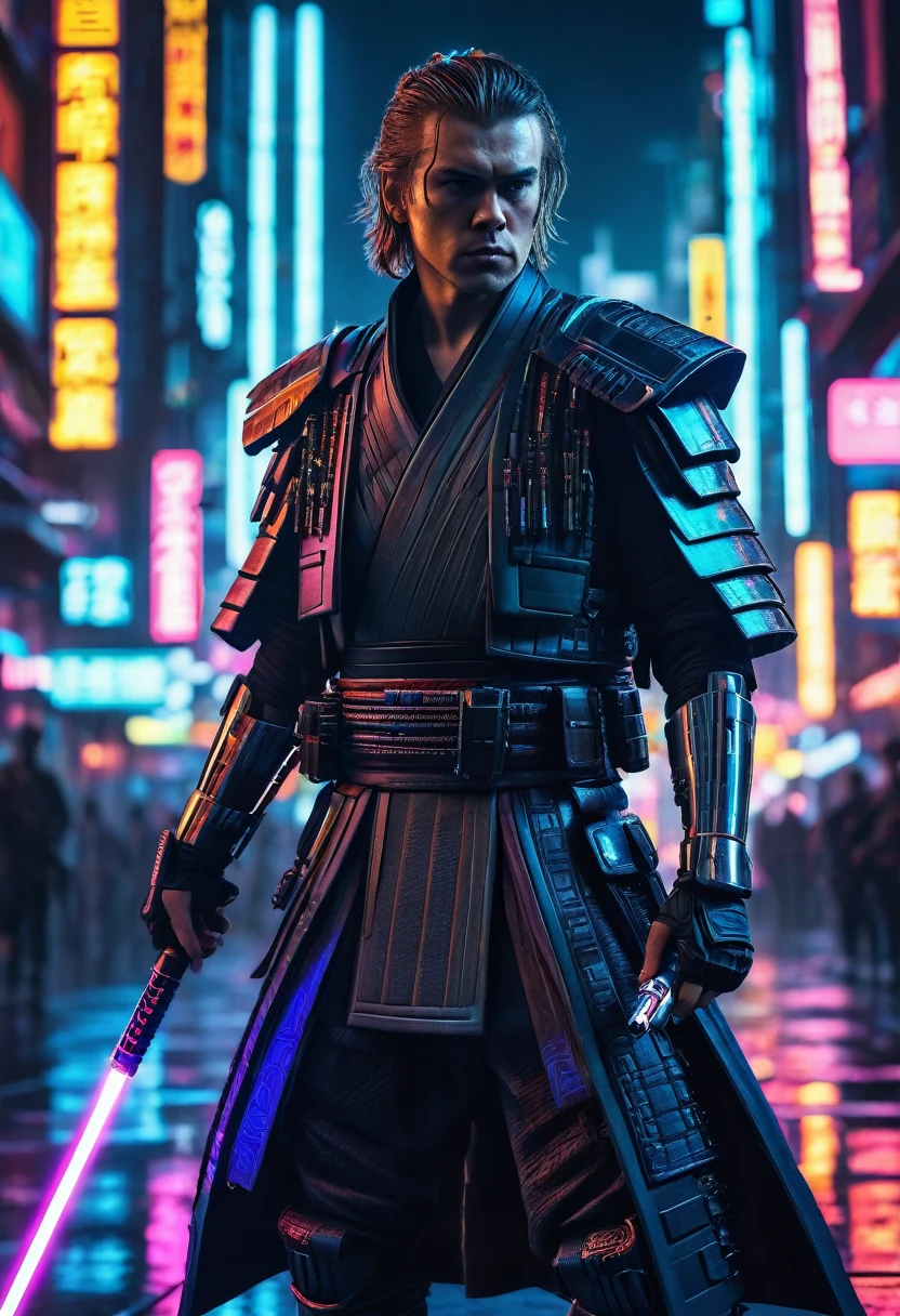 Anakin Skywalker as cyberpunk samurai, cyberpunk style, mechanical cyborg body, samurai armor, glowing lightsaber, neon cyberpunk city background, dramatic lighting, moody color palette, ultra-detailed, cinematic composition, highly detailed intricate details, masterpiece, (best quality,4k,8k,highres,masterpiece:1.2),ultra-detailed,(realistic,photorealistic,photo-realistic:1.37)