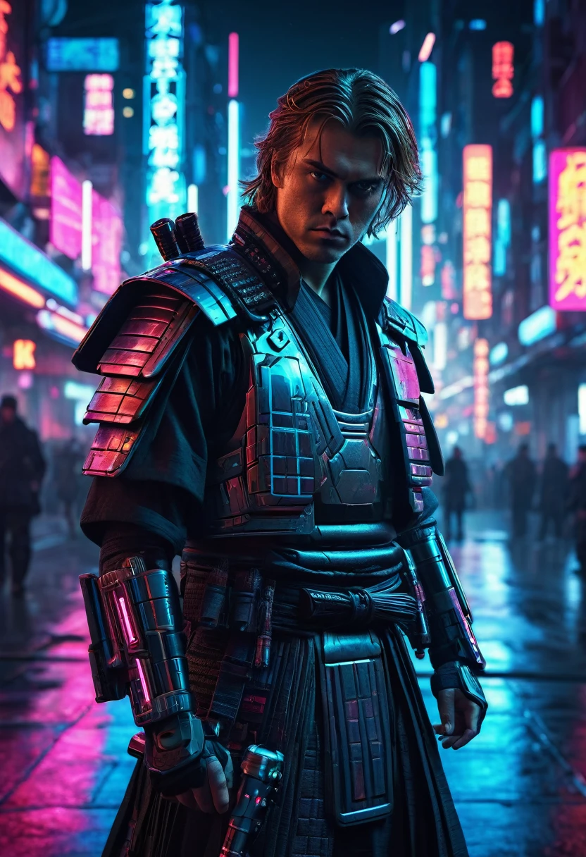Anakin Skywalker as cyberpunk samurai, cyberpunk style, mechanical cyborg body, samurai armor, glowing lightsaber, neon cyberpunk city background, dramatic lighting, moody color palette, ultra-detailed, cinematic composition, highly detailed intricate details, masterpiece, (best quality,4k,8k,highres,masterpiece:1.2),ultra-detailed,(realistic,photorealistic,photo-realistic:1.37)