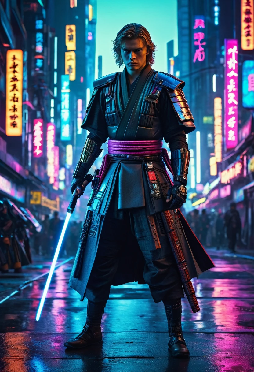 Anakin Skywalker as cyberpunk samurai, cyberpunk style, mechanical cyborg body, samurai armor, glowing lightsaber, neon cyberpunk city background, dramatic lighting, moody color palette, ultra-detailed, cinematic composition, highly detailed intricate details, masterpiece, (best quality,4k,8k,highres,masterpiece:1.2),ultra-detailed,(realistic,photorealistic,photo-realistic:1.37)