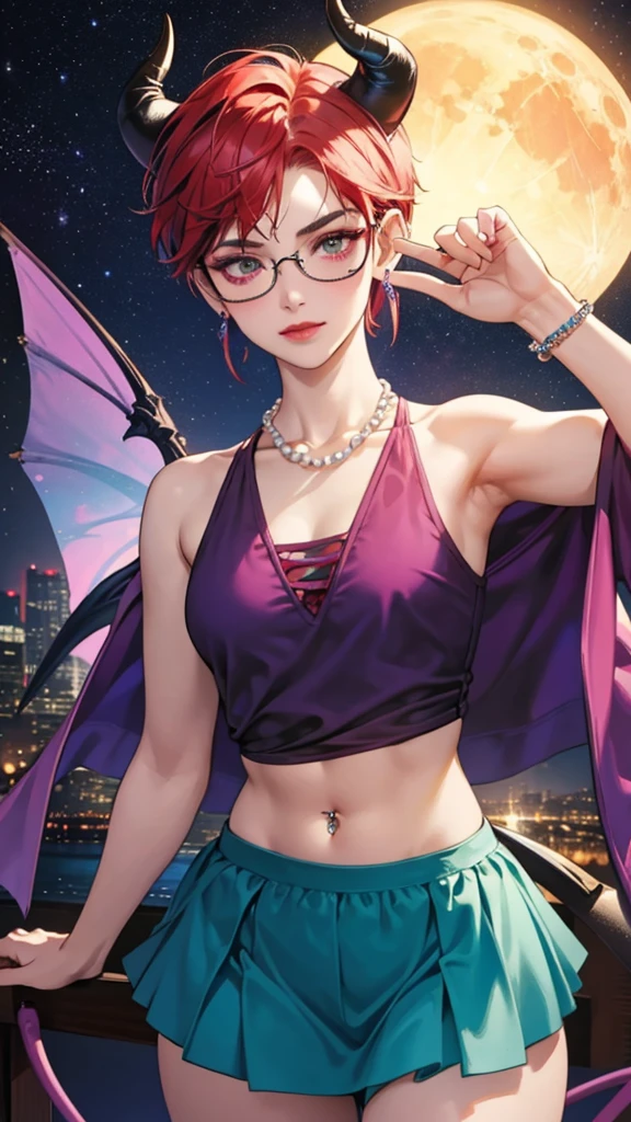 8k, masterpiece, best quality, highly detailed, 1 girl, tiefling, warlock, pixie cut, multicolored hair, very short straight hair red highlight hair on white hair, strippled hair, wearing glasses, round glasses, earrings, navel piercing, red eyeshadow, long eyelashes, blushed cheek, red lips, pearl necklace, rings, collarbone, mole on face, glamorous, teal and purple clothes, sleeveless, miniskirt, smirk, close up view, rings, looking at viewer, demon horns, solo, starry sky, plae blue moon, standing, boxing stance, scaled arms, chains on the background.