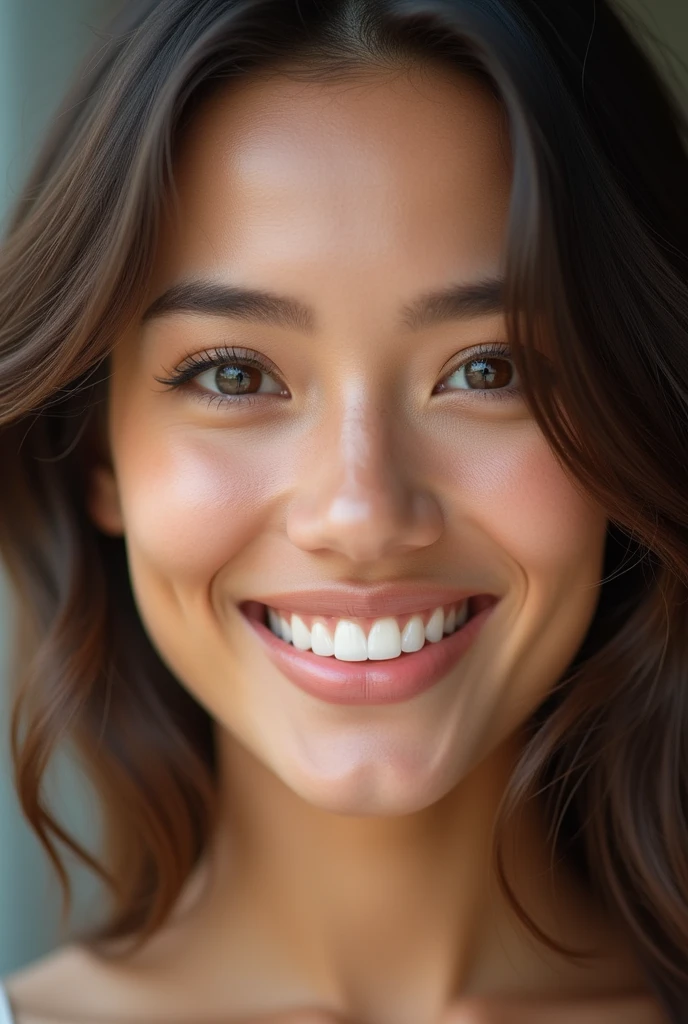 face of a young woman with smooth, glowing skin, large almond-shaped eyes framed by thick eyelashes, a thin, straight nose, full and well defined lips, high cheekbones, a delicately drawn chin, an oval shape, des cheveux brillants encadrant le visage, et un sourire radieux aux dents parfaitement alignés