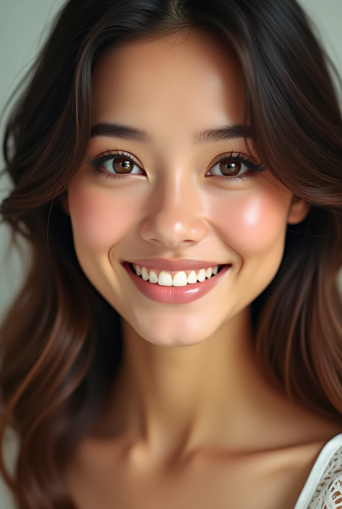 face of a young woman with smooth, glowing skin, large almond-shaped eyes framed by thick eyelashes, a thin, straight nose, full and well defined lips, high cheekbones, a delicately drawn chin, an oval shape, des cheveux brillants encadrant le visage, et un sourire radieux aux dents parfaitement alignés 