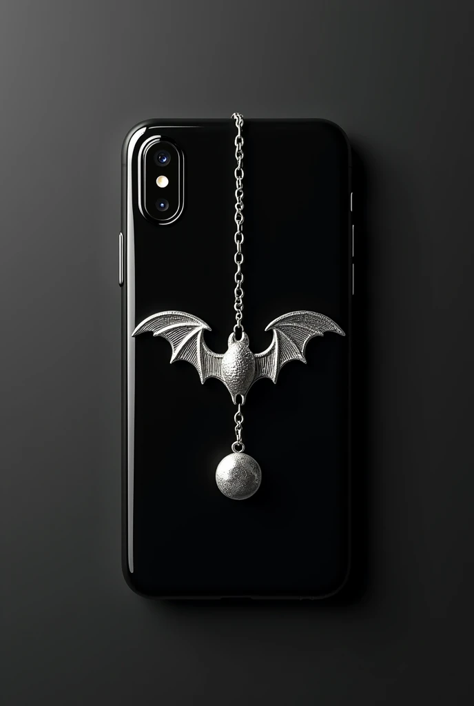 Black phone case with 3d silver bat, silver moon pendant and a silver chain passing through the middle going from the top right tip of the cover to the bottom left tip of the 3D cover