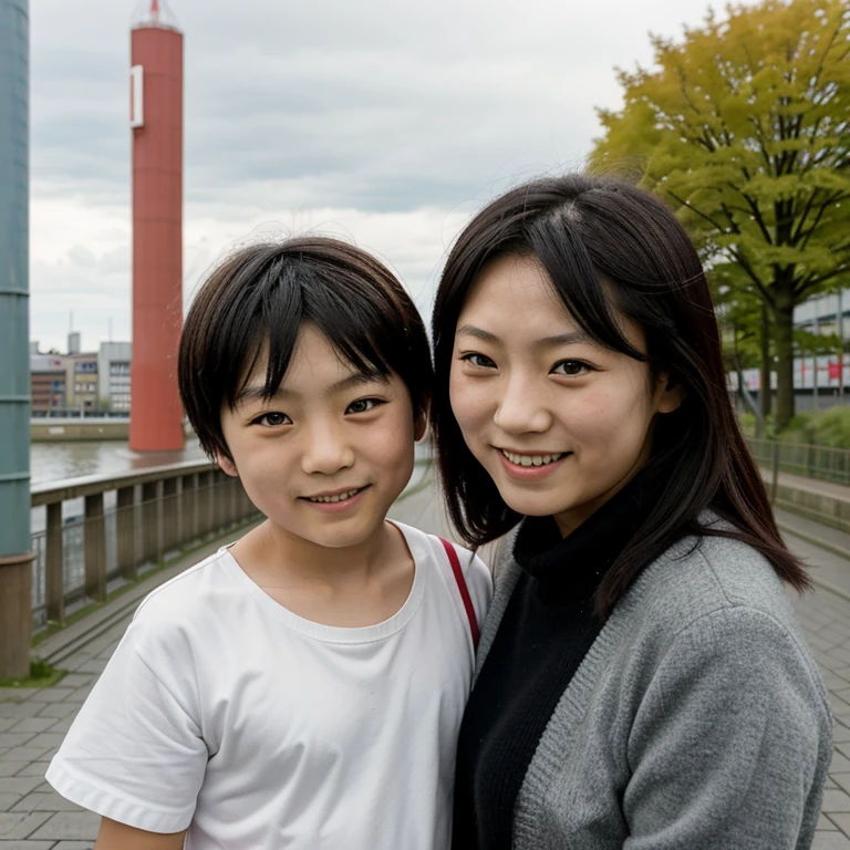 Seven-year-old Japanese boy and ten-year-old Japanese girl in Magdeburg, Germany, on the Elbpromenade smile.