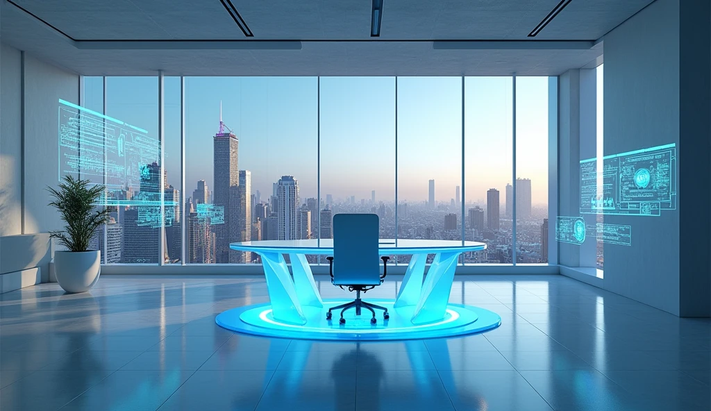 "Generate a futuristic office background with a clean and minimalist design. The scene should include a transparent, holographic desk, a sleek chair, and advanced digital interfaces projected in the air. The background should have a metallic, silver color scheme with glowing blue accents, giving it a cutting-edge, high-tech feel. The overall environment should be spacious and airy, with a large digital screen or window showing a view of a distant, technologically advanced city."