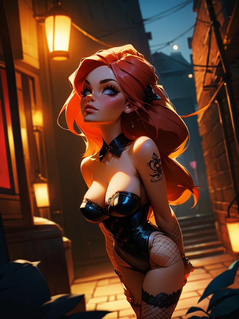 alley at night, beautiful busty prostitute tattoo torn fishnet stockings, low angle view