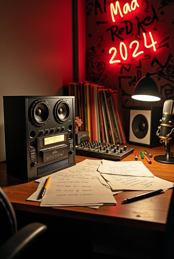 Old tape recorder from the 90s on a desk, On the desk there are also loose sheets with pencil and writings, the room is dark, It has vinyl records and two sound monitors, There is also a small console for mixing sound and a microphone., somewhere say Mad Red 2024, hip hop
