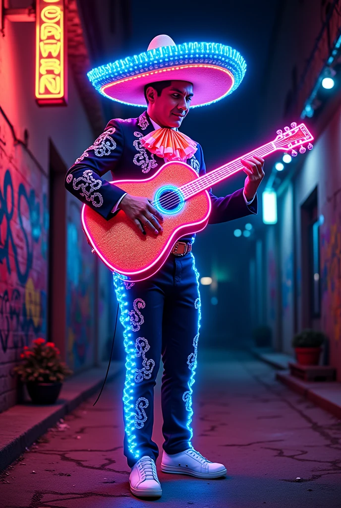 Image of a neon mariachi drawing, very lively