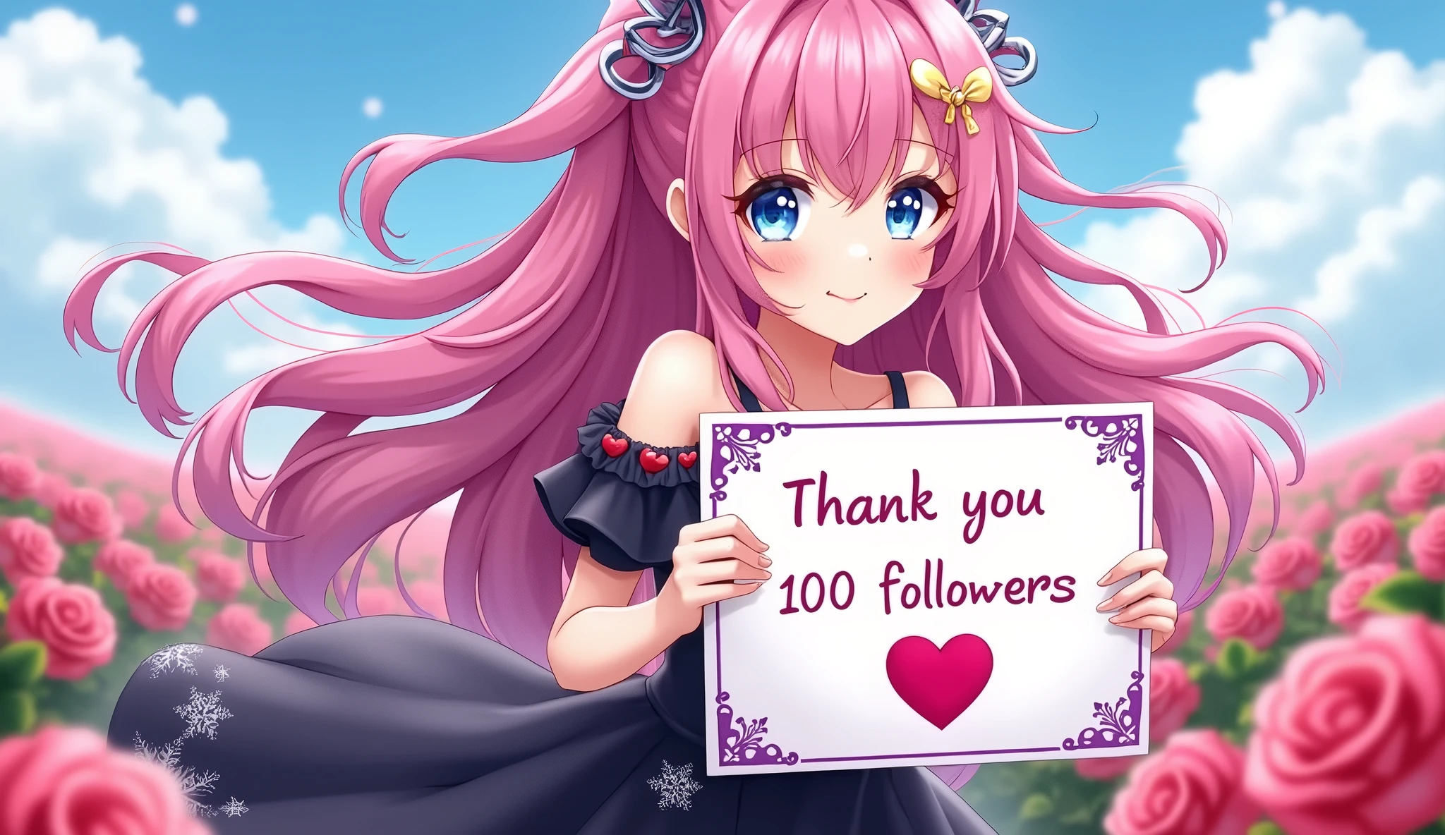 (best quality, ultra-detailed, photorealistic: 1.39), bright and vibrant colors, studio lighting, thank you card for 100 followers, hearts and kisses emoji, Yu-Gi-Oh style letter, purple details on the sides of the card, heart shaped poster, beautiful smile, anime style, Anime, Cute girl with big round breasts, with sparkling blue eyes, she wears a black dress with snowflakes on the dress, a field of roses in the background , her wavy pink hair with beautiful bangs meets with the blowing wind, she holds a sign written a message of thanks