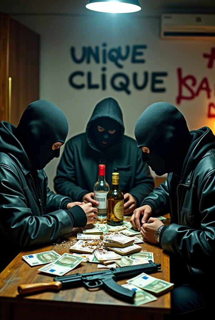 
3 masked gangsters in streetware style in an apartment counting euros through drug deals. There are alcohol bottles on the table, weapons money cigarettes in the ashtray and food in the background is “Unqiue Clique”