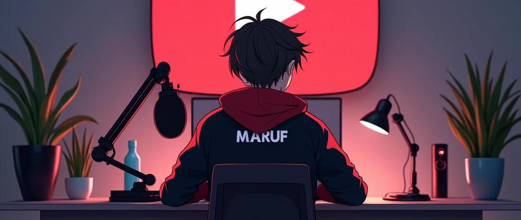 Create a image of "A 18 years anime boy , sitting in front of a computer desk with a microphone and laptop, wearing black and red hoodie with the Channel Name on it "MARUF", The background includes a large YouTube logo on the wall, potted plants on either side, and various recording equipment.