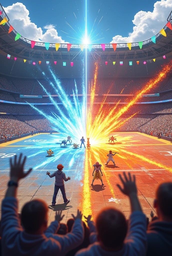 Pokémon stadium where they are battling in a two-on-two battle in a water, fire, ground and darkness type Pokémon.