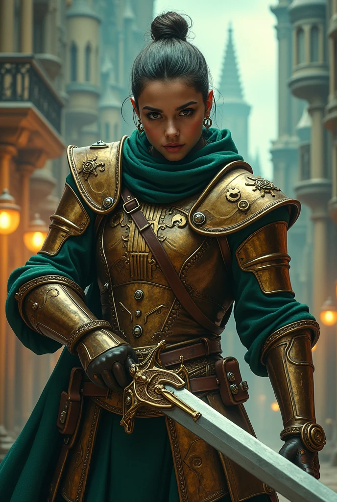 "Create a character in a medieval steampunk setting, using the art style reminiscent of Pokémon. The character is a fierce rival in a turn-based battle game, dressed in a blend of medieval armor with steampunk elements. They wield a weapon that combines traditional and mechanical features, and their expression shows determination and strength. The environment should include a mix of medieval architecture and steampunk machinery, with vibrant, harmonious colors."
Desenho animado
