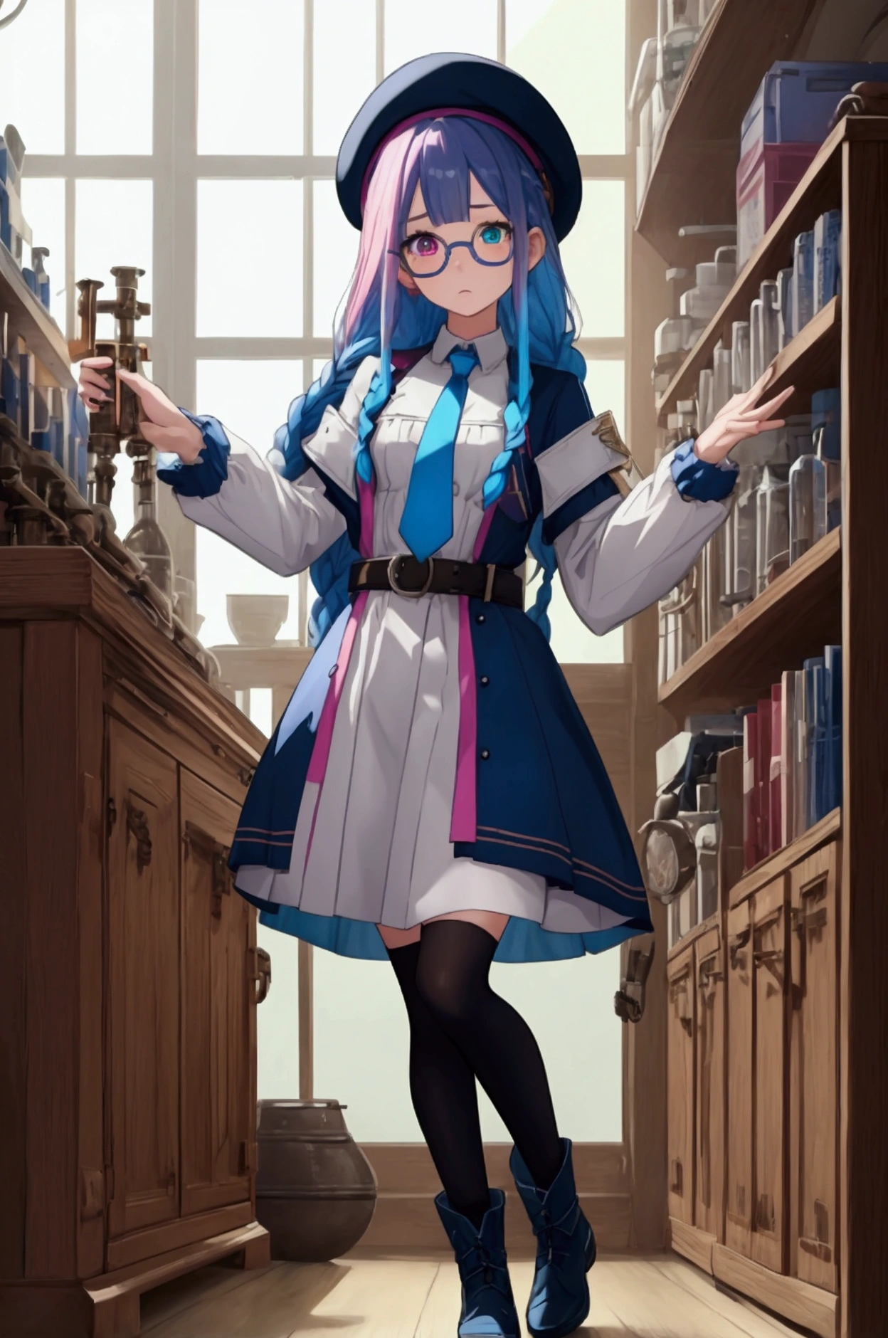 Artwork, best qualityer, 2d anime style, White girl, short stature, bangss, long hair, some braided strands, Dark Blue Hair, pale, (heterochromia, vibrant blue left eye, right eye pink magenta,) white glasses, beret, black dress covered, black tights, blue details, necktie, longsleeve, whitegloves, waist belt, apathetic expression, medieval theme, RPG, alchemy laboratory background with chemistry glassware, book shelf, mechanical arm with silver details . fully body, conceptual artwork, large white boots.
