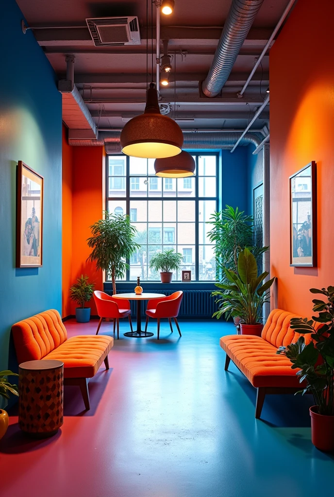 Interior design, Area 18mt depth 6 width 5mt, advertising agency, colors blue orange fuchsia, behind workshop tools cutting table and many printers photo studio, for the entrance small waiting area and graphic design area