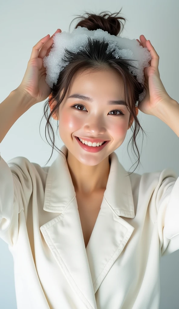 Create an Asian beauty,Standing on the ground,Hair in a bun,Beautiful beautiful big eyes,Regular facial features,Wearing a white satin bathrobe,Scratch your scalp with both hands,Two hands washing hair on top of head,There is a lot of real white foam and water on the hair,Foam wrap head,Real bubbles,Open your eyes,The expression is happy,The characters are realistic and realistic,Pure white high-end bathroom background,Character front position,9:16 frames,Ultra-high-definition picture quality