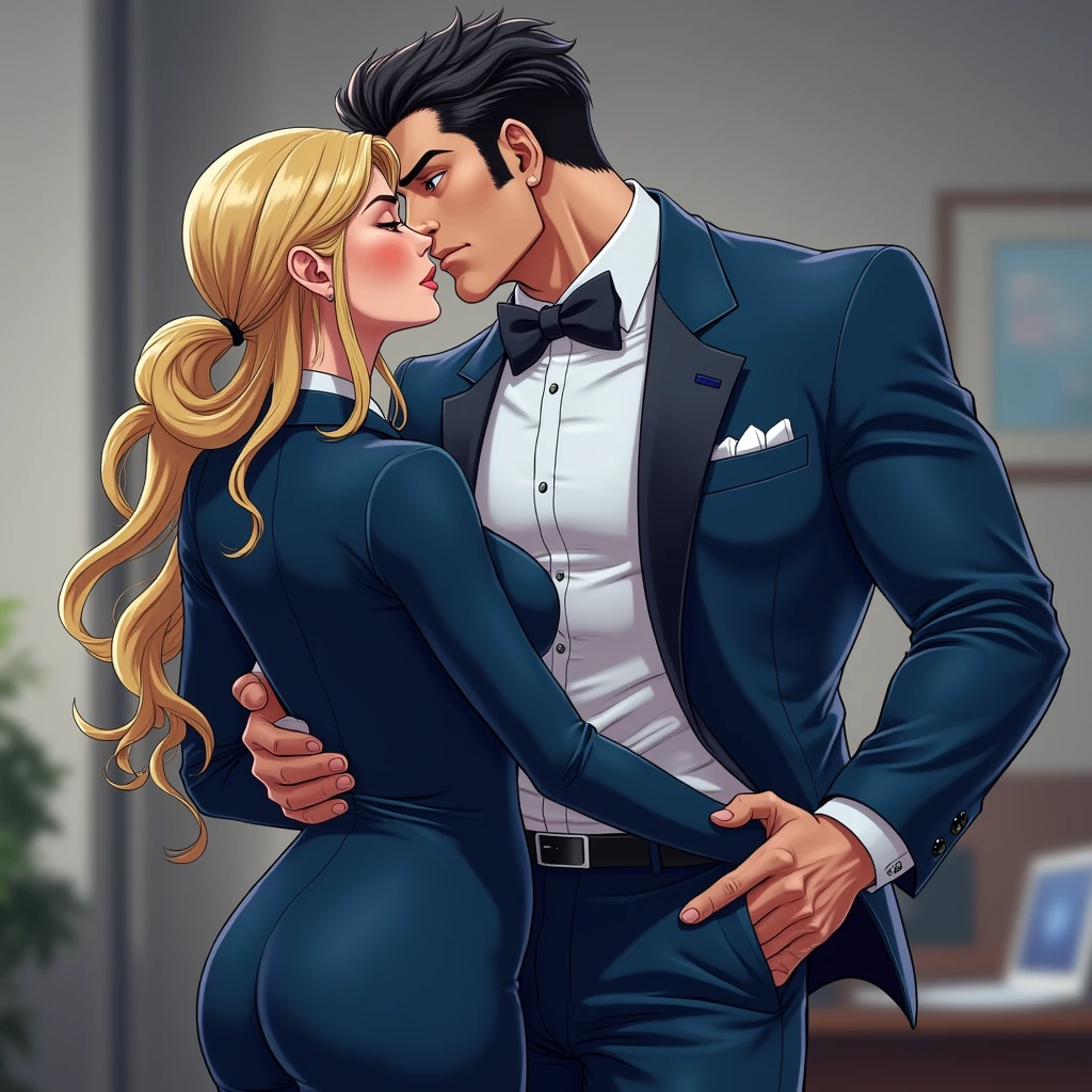anime art: marvel art style, a masculine 20-year-old male with a big masculine bulge, wearing blue tuxedo, he's dry humping a female in workplace