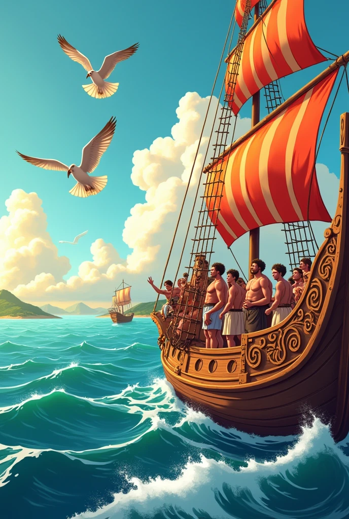 an image from someone's perspective onboard an ancient greek ship in a cartoon style