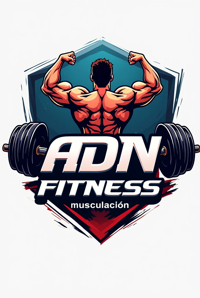 A logo for a gym that says: "ADN Fitness" and in lowercase say "musculacion". In addition to having muscles and weights