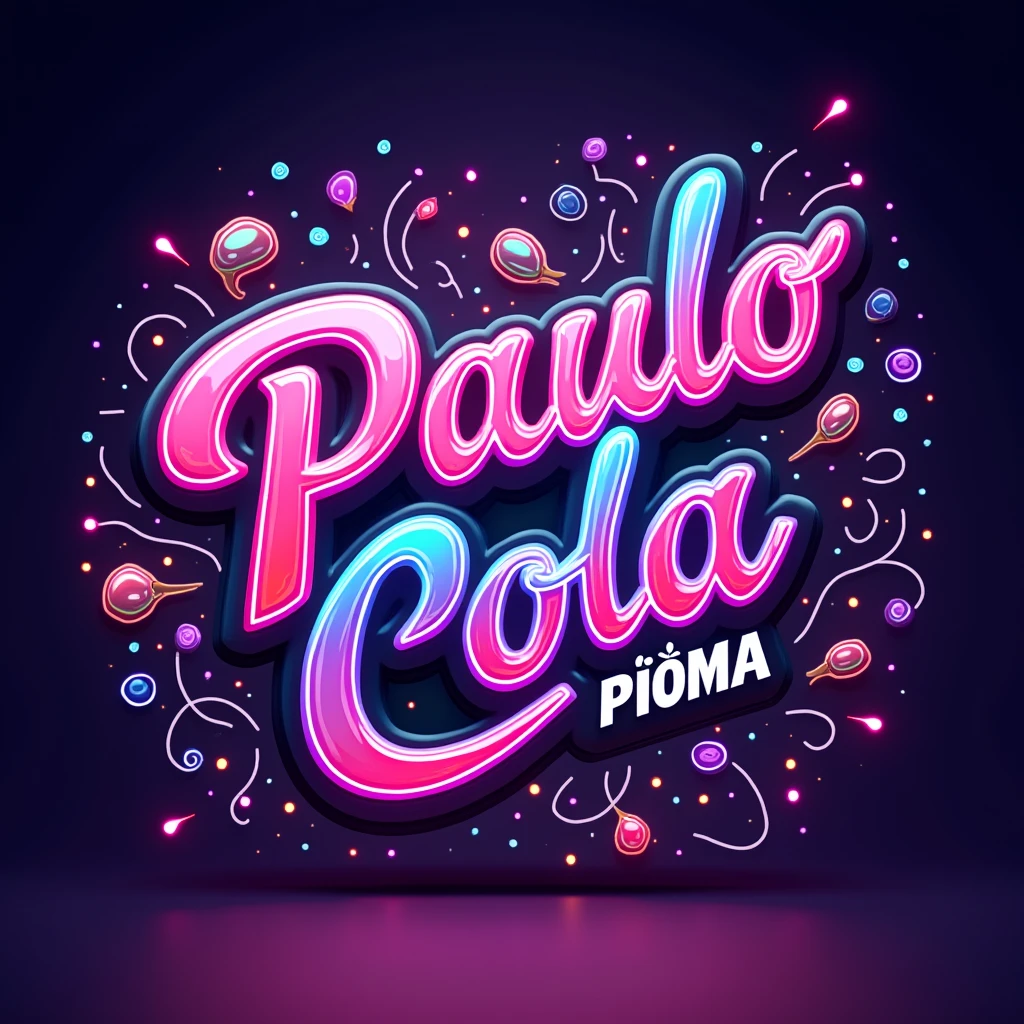 Please create an image with the name "Paulo Cola", AND the number "23", AND the name "PIÚMA". Use purple as the main color theme. Fluorescent colors.