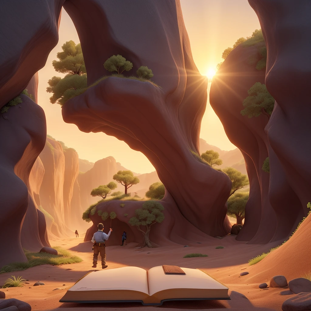 Create a cover for a book with the following information:
The Treasure of Courage Luke leaving the cave at dawn. The sun is rising on the horizon, casting a golden light on the landscape.. The image conveys a feeling of achievement and hope for the future..