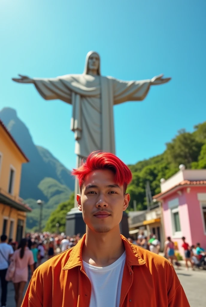 Red-haired man with short straight hair like Koreans but with an American face in front of Christ the Redeemer in Rio de Janeiro 