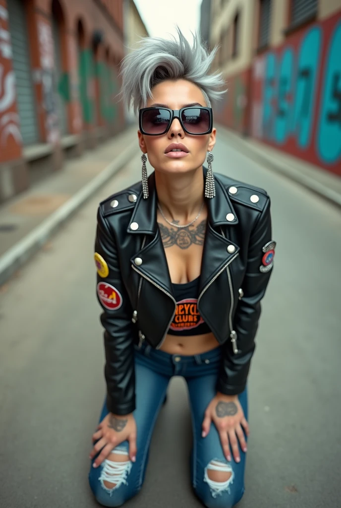 russian old milf woman, grey hair (bump, ponytail, shaved sides), wearing oversized square sunglasses hanging from the neckline of her t-shirt,, with very light blue eyes, extremely pale. Wearing cropped black moto jacket (padded shoulders) with lots of zippers and badges on jacket flaps, cropped t-shirt with big motorcycle club logo, dark blue jeans with holes and pointy Chelsea boots with cuban heels . Silicone breasts. Lots of metallic bracelets, long pendants and lots of collars. Tacky leather belt with oversized chanel buckle. Long earrings. Kneeling, looking at the camera, legs spread, tilted head, eyes and mouth wide open in amazement. Hands fixing her hair, toned abdominals, thin legs and thin arms. Tattoed chest, hands, belly and arms.