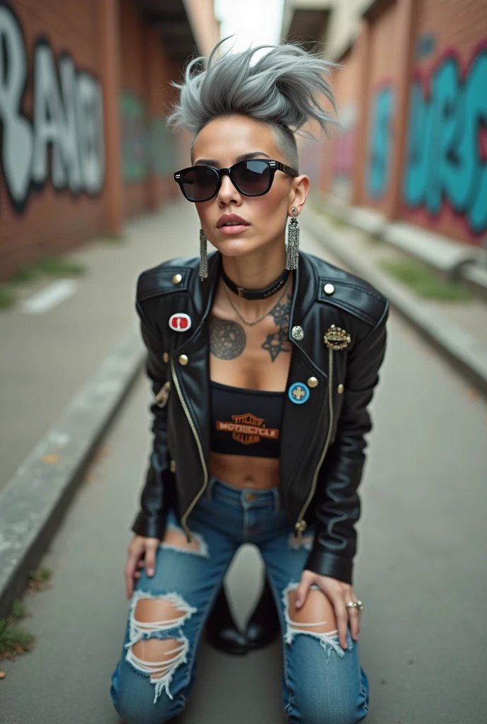 russian old milf woman, grey hair (bump, ponytail, shaved sides), wearing  oversized square sunglasses hanging from the neckline of her t-shirt,, with very light blue eyes, extremely pale. Wearing cropped black moto jacket (padded shoulders) with lots of zippers and badges on jacket flaps, cropped t-shirt with big motorcycle club logo, dark blue jeans with holes and pointy Chelsea boots with cuban heels . Silicone breasts. Lots of metallic bracelets, long pendants and lots of collars. Tacky leather belt with oversized chanel buckle. Long earrings. Kneeling, looking at the camera, legs spread, tilted head, eyes and mouth wide open in amazement. Hands fixing her hair, toned abdominals, thin legs and thin arms. Tattoed chest, hands, belly and arms.