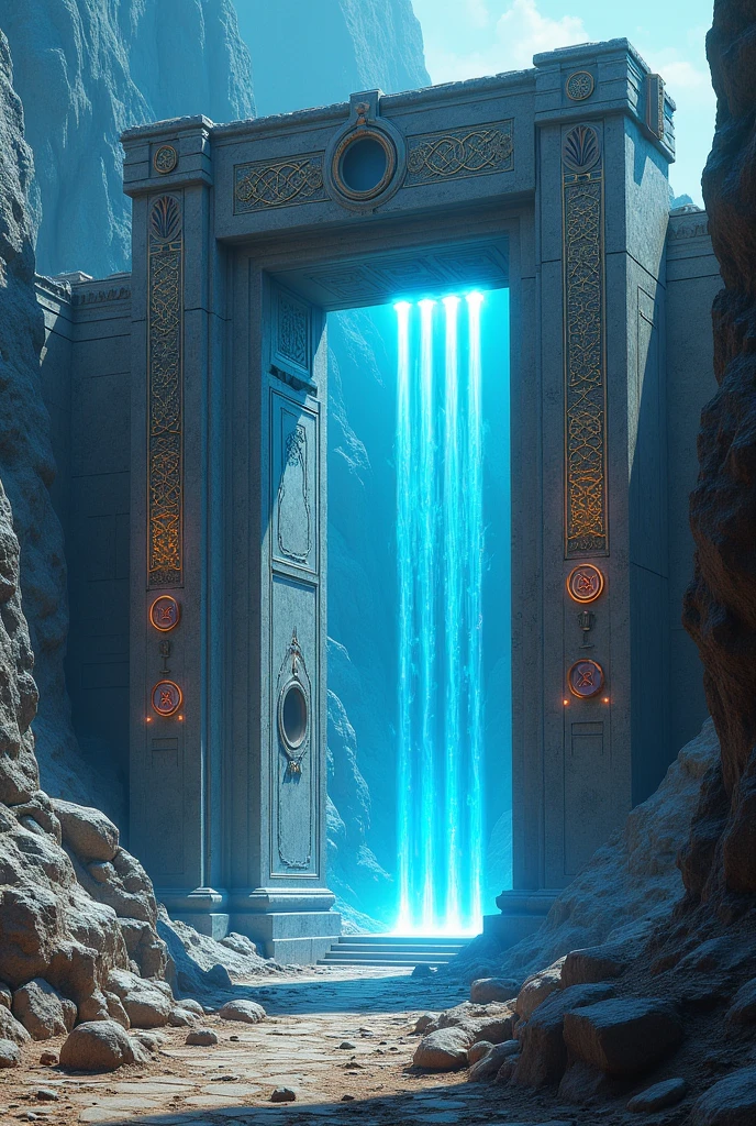  Show an environment of huge old uniqe gate where technology and magic intertwine in a visually striking way,alot of greek emissive words arcane buildings style. Focus on that mix circuits and magical runes. Add elements like glowing crystals and magical energy beams interacting with technology, creating an atmosphere charged with mysticism and technological decadence. The scene should reflect the fusion of technology and magic, with a color palette that combines metallic tones, electric and magical, showing the contrast between technological advancement and post-apocalyptic wear and tear

