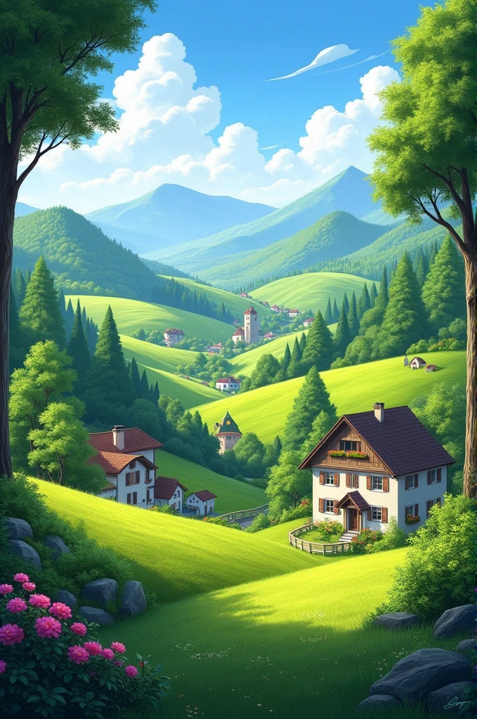Image of a serene valley with rolling green hills, dense forest, and a quaint village nestled within.