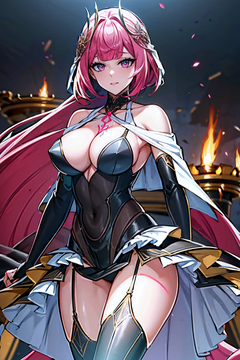 Smooth and Flawless Skin, Expressive and Captivating Eyes, Well-Defined Facial Features, Radiant and Healthy Glow, Perfectly Proportioned Face, Graceful and Symmetrical Features, Fine Details and Realistic Texture, cute face, absurdres, vivid color, beautiful portrait of cute anime girls, anime best girl, anime screencap, anime style, finely detailed, insanely detailed, exquisite, fantastic, amazing quality, top quality, professional quality, high quality, finely quality, official art, production art, super detailed skin, clear eyes, light eyes, light image, gleaming skin, oil skin, shiny skin, accurate face parts, cinematic, extremely detailed beautiful face and eyes, fair skin, 16k, 32k, 16k portrait, 32k portrait, masterpiece, Highest quality, ultra Detailed beautiful face and eyes, Detailed eyes, High resolution, beautiful, super fine illustration, extremely detailed unity cg 8k wallpaper, fearless face, perfect eyes, deep detailed eyes, perfect face, low ponytail, pink hair, hair ornament, pink eyes, leotard, zipper, white showgirl skirt, bare shoulder, thighighs, thigh high boots, bare thighs, cleavage, cleavage cutout, adult face, elbow gloves, jewelry, garter belt, garter straps, (((chest tattoo))), hair between eyes, evil grin, perfect hands, perfect fingers, five finger, four finger and one thumb, skin tight, straight bangs, beautiful hair, (((very long skirt))), sexy, cape, cowboy shot,