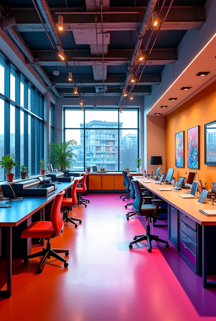 Interior design, Area 18mt depth 6 width 5mt, advertising agency, colors blue orange fuchsia, behind workshop tools cutting table and many printers photo studio
