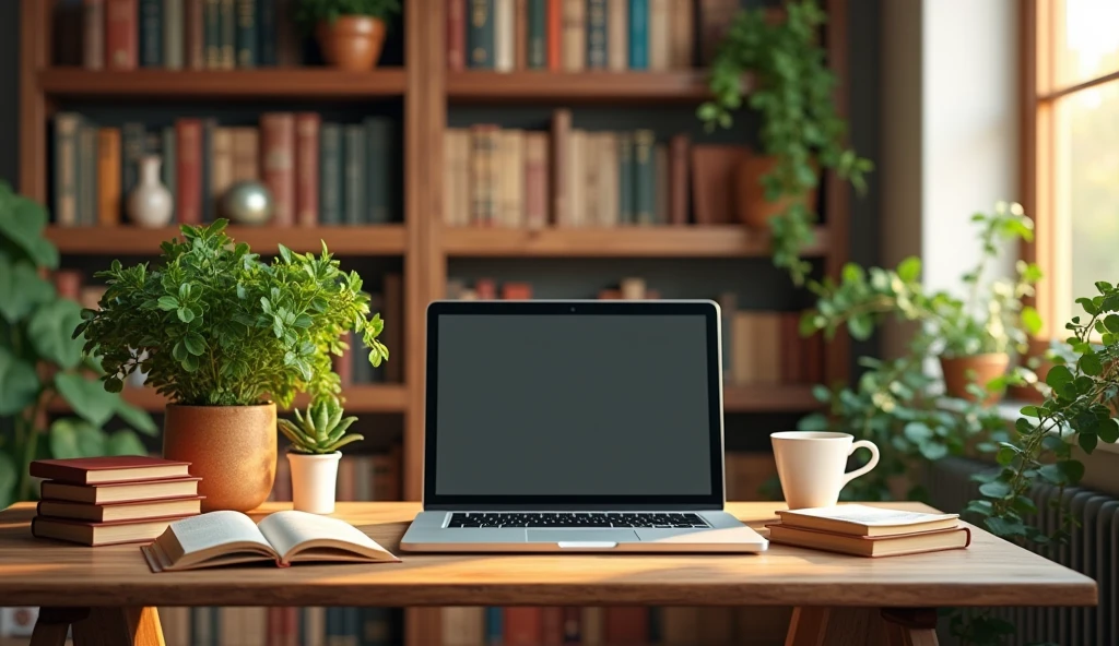 Design a cozy home office background with a warm and inviting atmosphere. The scene should feature a wooden desk with a laptop, a coffee cup, and a few personal items like books or plants. Behind the desk, include a bookshelf filled with colorful books and decorative items. The color palette should include soft, warm tones like beige, light brown, and muted green. The lighting should be soft, emulating the golden hour with natural light coming from a nearby window.